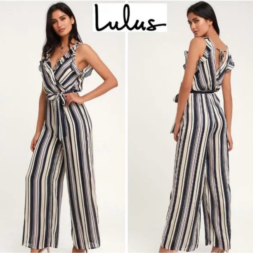 NEW LULUS DIVINE TIME PINK BLUE MULTI STRIPED WIDE-LEG JUMPSUIT SIZE M RUFFLE